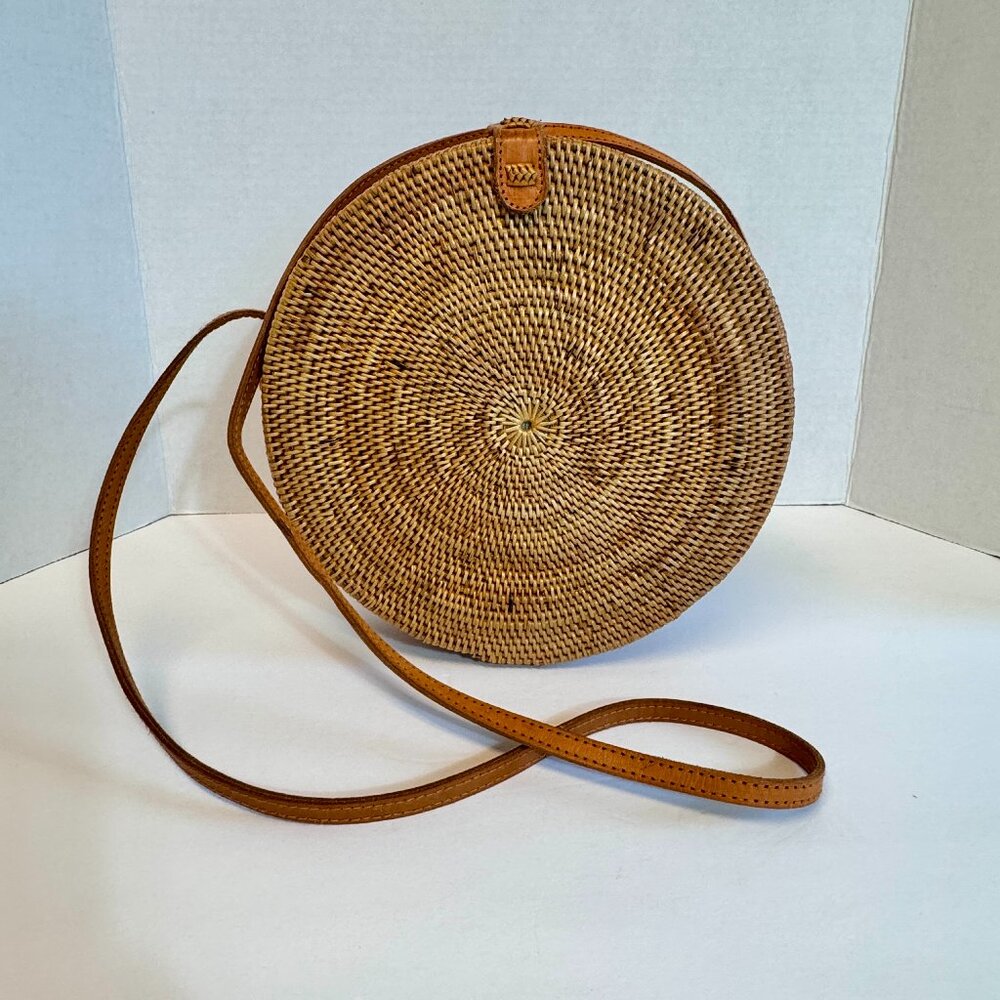 Rattan Boho Crossbody Shoulder Bag Purse Round Natural Brown
